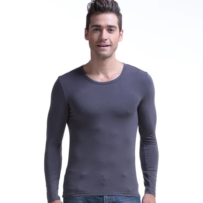 Roupa interior masculina quente modal em torno do pescoço magro manga longa camisa seção fina elasticidade térmica confortável respirável macio