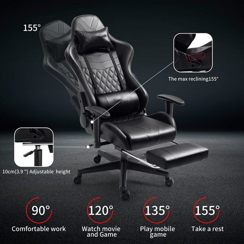 Jogos de corrida cadeira escritório poltrona couro reclinável mesa com apoio para os pés massagem encosto de cabeça e apoio lombar braço ajustável