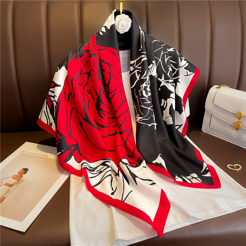 Luxury ยี่ห้อผ้าไหมผ้าพันคอผู้หญิง Hijab ผ้าพันคอแฟชั่น90ซมผ้าพันคอออกแบบ Shawl Wraps Echarpe Foulard 2022ใหม่