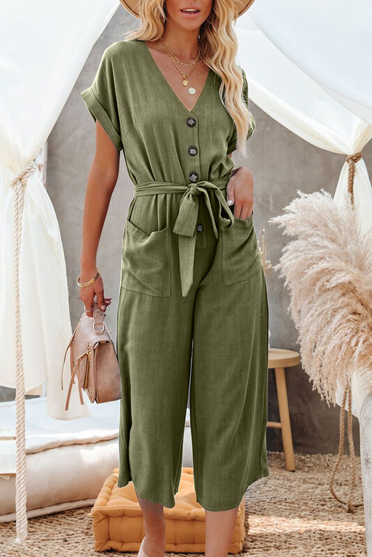 Women's Summer New Loose Casual V-Neck Lace Up Pocket Jumpsuit