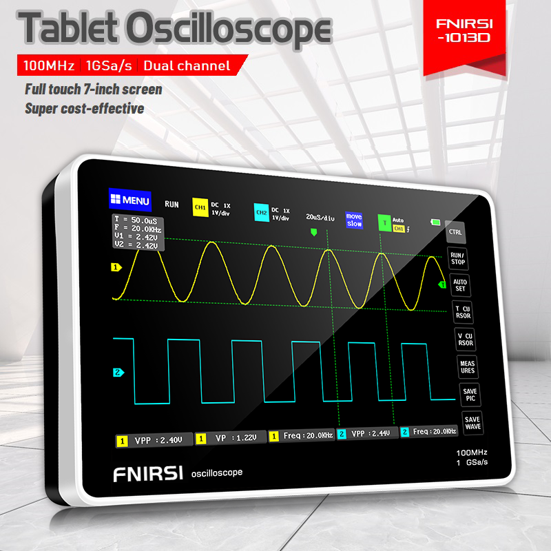 FNIRSI-1013D Digital Tablet Osciloscópio, Dual Channel, 100M Bandwidth, 1GS Taxa de Amostragem, 7 polegadas, Mini