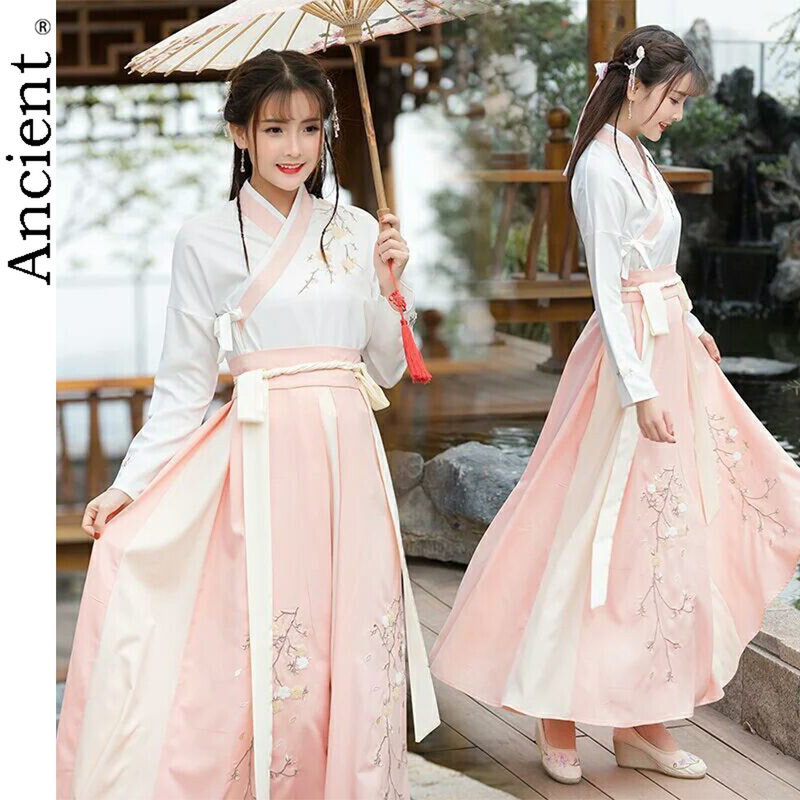 Novo hanfu traje feminino estudante adulto ming feito estilo chinês melhorado cintura-comprimento sarong colar diário terno em pó moda