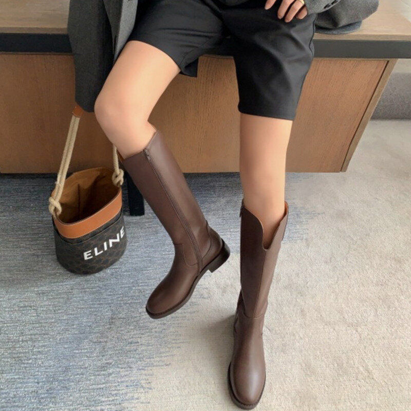 Chelsea-Botas largas de piel sintética para mujer, zapatos planos elegantes, hasta la rodilla, color marrón