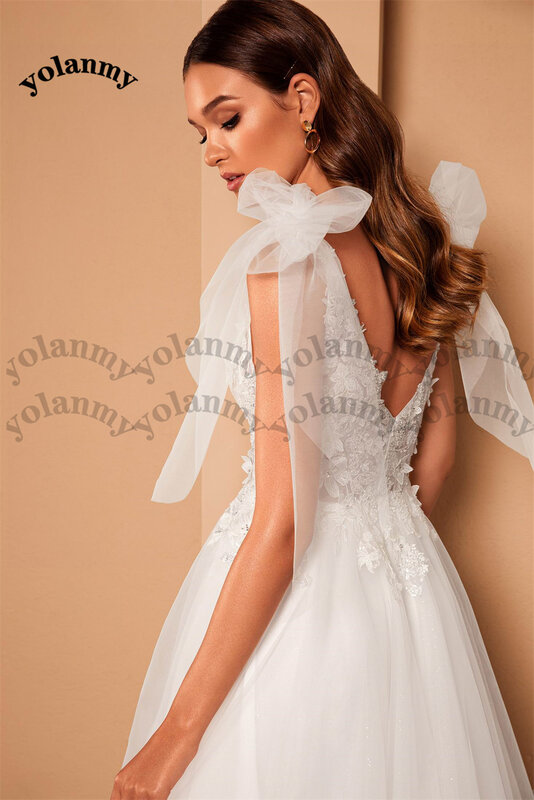 Yoranmy – robe De mariée luxueuse, col en V, dos nu, en Tulle perlé, avec des Appliques, robe formelle, personnalisée