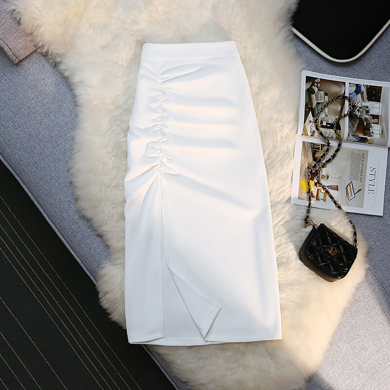 Wisher & Tong مكتب أنيق تنانير للنساء الصيف امرأة 2022 عالية الخصر انقسام تنورة بيضاء الكورية موضة ميدي التنانير Jupe فام