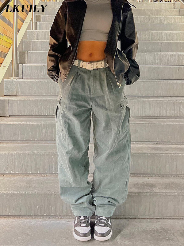 Gray Cargo Pants Women 2022 New Fashion Famale Clothing Y2K Streetwear Casual Pants Low Waist Aesthetics Solid Straight Trousers