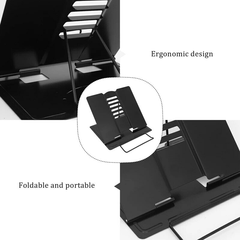 Suporte de livro de mesa metal leitura resto livro titular ângulo suporte ajustável suporte documento portátil resistente leve (preto)