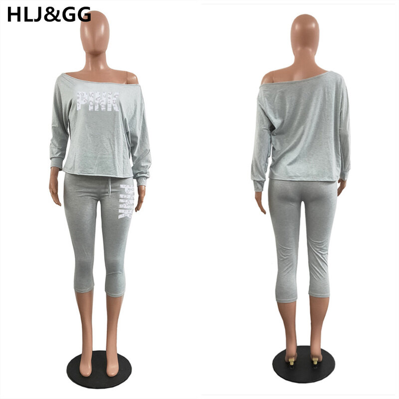 HLJ&GG Casual 2 Piece Sets Women PINK Letter Print Zip Off Shoulder T-shirt + Lace Up Pants Tracksuits Fashion 2pcs Streetwear