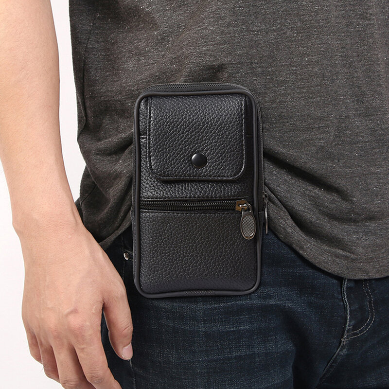 Fashion Men Leather Waist Bag Outdoor Sports Running Pockets Business Mobile Phone Bag Bum Pouch Belt Fanny Purse Card Holder