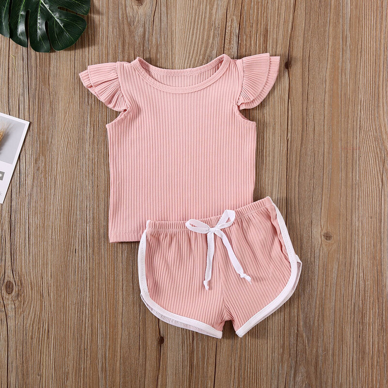 Sommer Infant Baby Mädchen Jungen Kleidung Sets Rüschen Kurzarm Pullover T Shirts Shorts Solide Outfits 2020 Neue