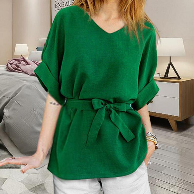 Women Tops Solid Color Belt V Neck Batwing Sleeves Short Sleeves Summer Women Blouse New 2022 Casual Daily Clothes