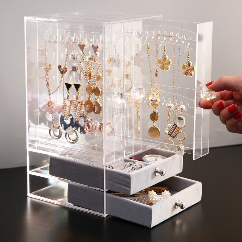 Boîte à bijoux haut de gamme, boîte de rangement pour boucles d'oreilles de grande capacité, présentoir à bijoux transparent, support à bijoux princesse anti-poussière