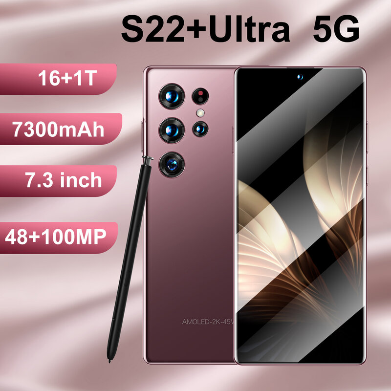 S22 + Ponsel Ultra 7.3in 5G Versi Global Ponsel 16GB + 1T 48 + 100MP 10-Core 7300MAh Buka Kunci SIM Ganda Telepon Siaga Ganda