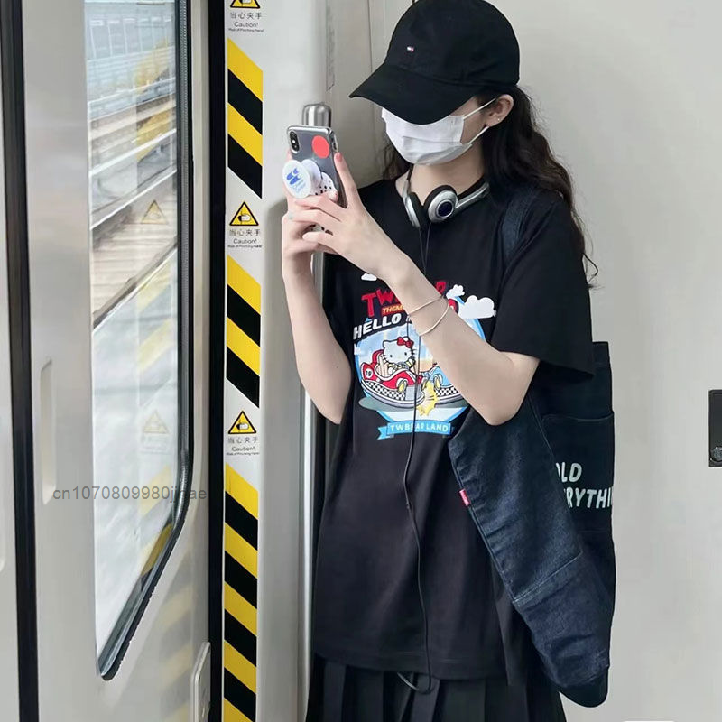 Verão nova hello kitty manga feminina t camisa de algodão solto curto preto streetwear estilo coreano topos harajuku vintage impresso camisa
