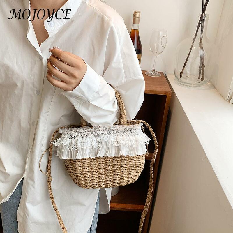 Women Summer Lace Straw Shoulder Bags Ladies Wicker Rattan Basket Tote Crossbody Bags for Outdoor Shopping Travel