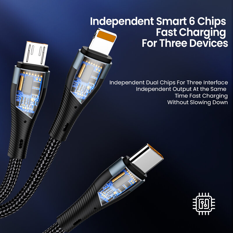 100W 6A USB do typu C 3 W 1 kabel ładujący szybkie ładowanie Micro dla iPhone 12 dla Huawei Xiaomi Samsung Nylon pleciony kabel danych