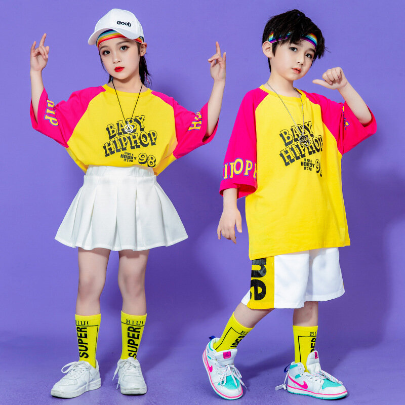 아이 Kpop 힙합 의류 대형 T 셔츠 탑 여름 반바지 Pleated 치마 미니 소녀 소년 재즈 댄스 의상 옷 세트