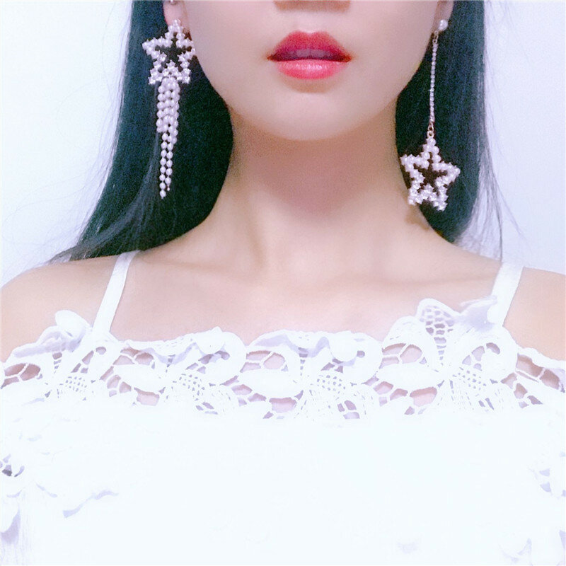 ZLALHAJA 925 Anting-Anting Juntai Tali Mutiara Simulasi Mode Jarum Perak untuk Wanita Perhiasan Anting-Anting Rumbai Gantung Panjang Mewah