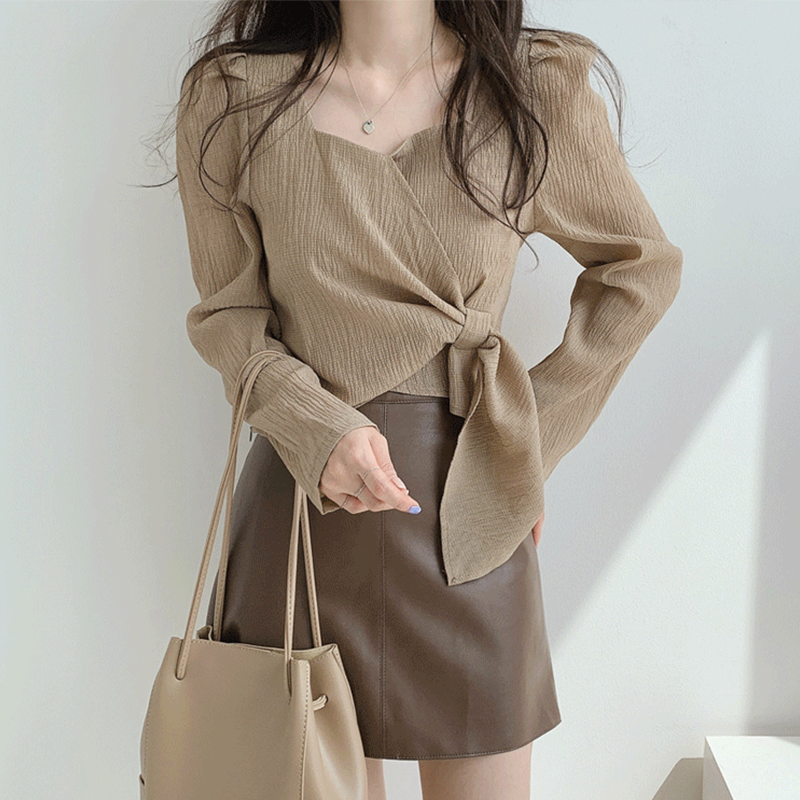 Женская приталенная блузка SIKETU, Повседневная рубашка с длинными рукавами-фонариками в Корейском стиле, тонкая рубашка с квадратным вырезом...