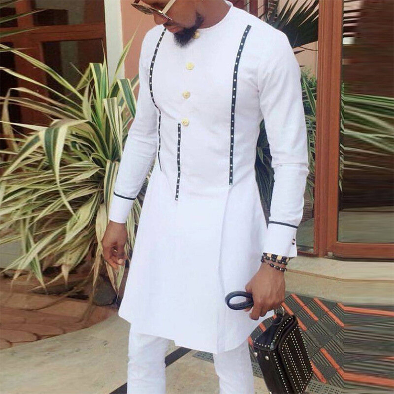 Roupas africanas para o homem estilo muçulmano cor sólida manga comprida camisa masculina botão decoração roupas masculinas novo topo verão 2022