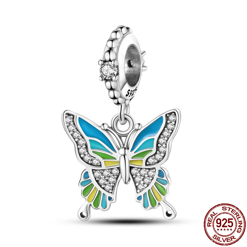 S925 prata azul borboleta animal encantos caber pandora 925 original pulseira colar charme grânulos trinket para mulher jóias fazendo