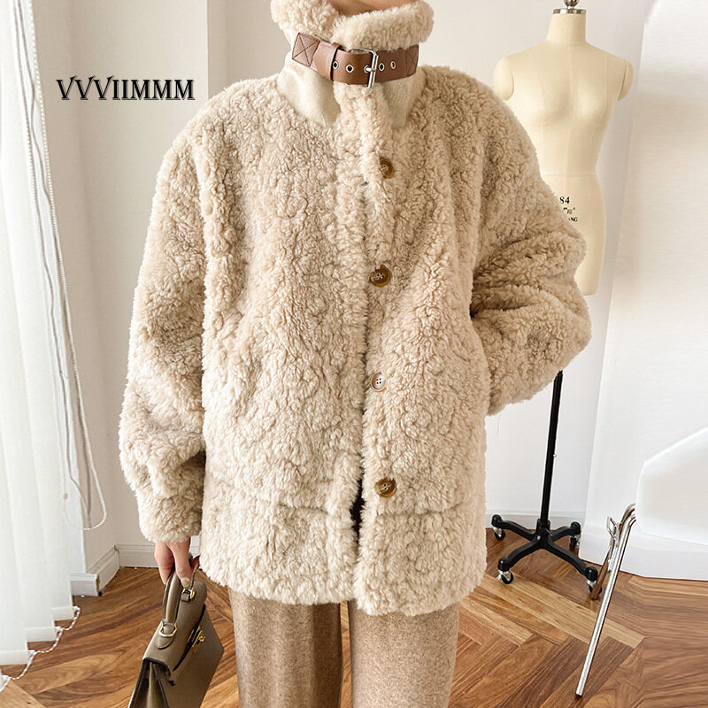 Motorcycle Collar Wool Coat Female Winter Imitation Lamb Wool Loose Fur One-piece Top Spring 2022 Women's Jackets Sheepskin Faux