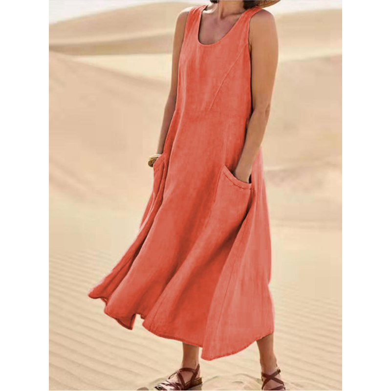 Frauen Seiten taschen ärmelloses Kleid eleganter Rundhals ausschnitt festes langes Kleid Dame Vintage Baumwolle Leinen Tank Strand kleid Vestidos