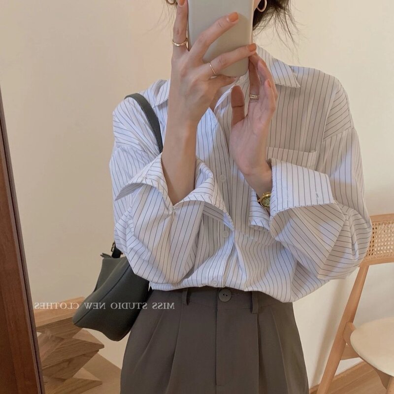Blusas formales abotonadas para mujer, camisa de manga larga con rayas verticales blancas, ropa de oficina elegante de algodón para otoño, 2022