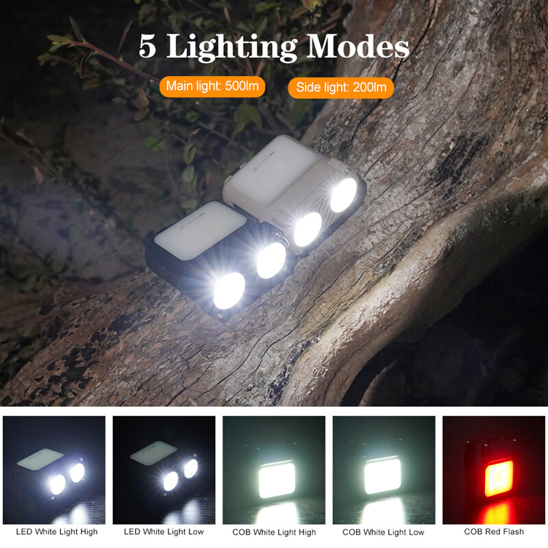 Phare LED à double faisceau avec capteur, charge type-c, Portable, 1200mAh, 500LM, 5 Modes, étanche, en cas d'urgence, pour la pêche
