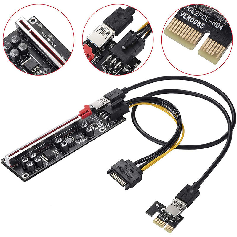 Tarjeta adaptadora PCI-E 1X a 16X para minería de GPU, Cable de extensión USB 3,0, 6 piezas