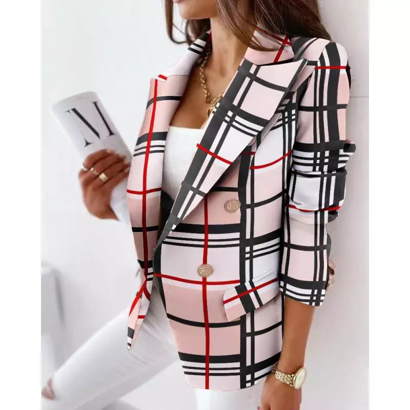 Houndstooth Print Blazer Ladies Casual Double Breasted Long Sleeve Blazers Lady Fashion Suit Collar Long Sleeve Women Coat