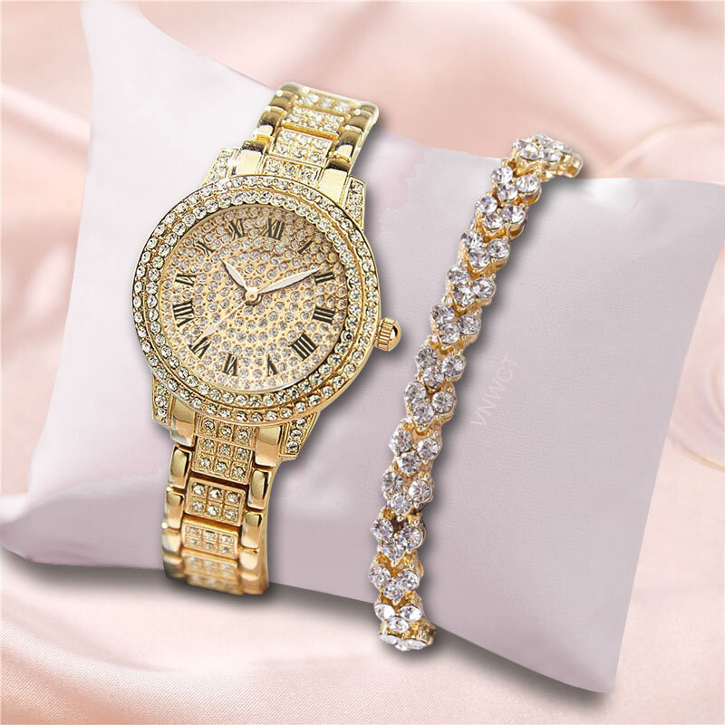 นาฬิกาผู้หญิงสีทองสร้อยข้อมือ Rhinestone นาฬิกาใหม่ล่าสุดสุภาพสตรี Starry นาฬิกาข้อมือควอตซ์สร้อยข้...