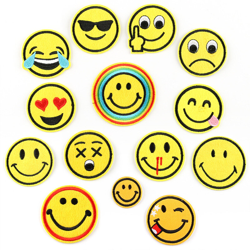 Parche bordado de cara sonriente para ropa, pegatinas de planchado, insignias de sonrisa de dibujos animados, color amarillo, 5 piezas