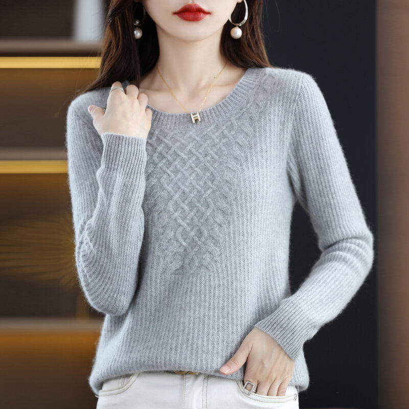 Suéter Jacquard de cuello redondo para mujer, suéter de lana con Base gruesa, holgado y cómodo, para otoño e invierno, Australia