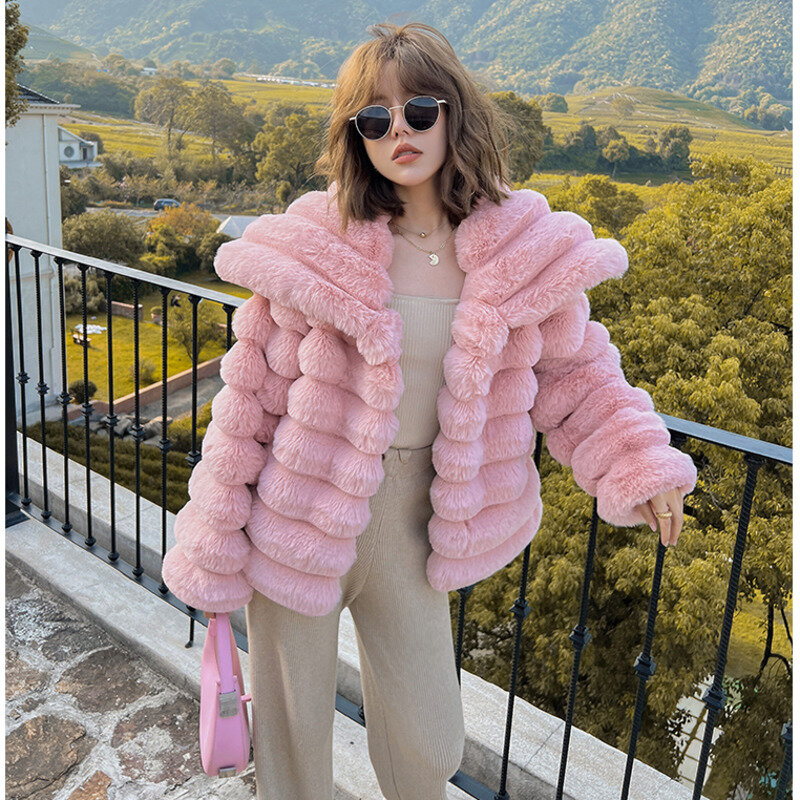 Abrigo corto con solapa de piel sintética para mujer, chaqueta de piel sintética cálida y gruesa, elegante, protección del medio ambiente, color rosa