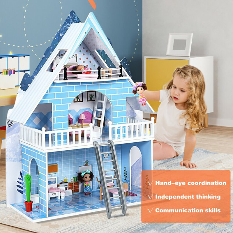 Casa de bonecas de madeira 3-story fingir playset móveis seguro material premium superfície lisa cantos redondos crianças conjuntos de móveis
