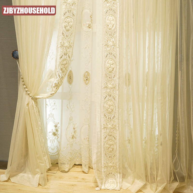 White Embroiderygauze curtain villa high window European American living room bedroom neoclassical curtain product customization