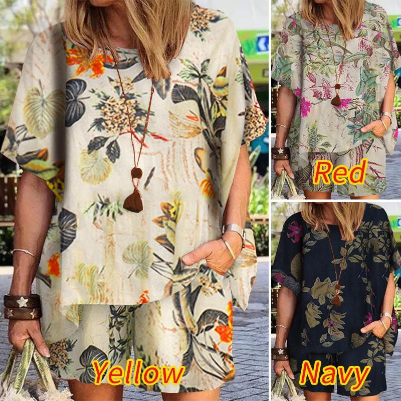 Zanzea vintage floral impresso conjuntos de verão 2pcs feminino manga curta blusa ternos boêmio praia curto define casual solto fatos de treino