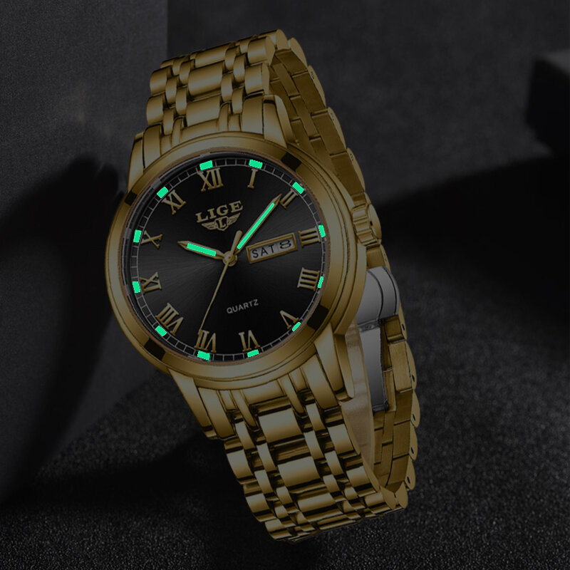 Lige-高級メンズウォッチ,クォーツ腕時計,ゴールド,耐水性,ラージクロノグラフ