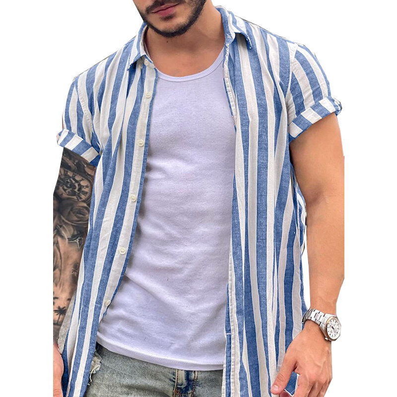 Camiseta de manga corta con botones para hombre, camisa holgada informal de playa, ligera, de lino a rayas, con botones