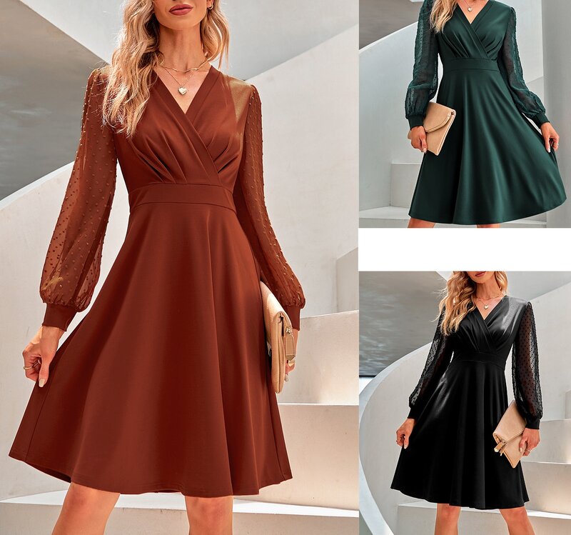 Autumn and Winter Women's Midi Skirt Streetwear New Casual V-neck Long Bubble Sleeve Solid Jacquard Slim Fit Dress
