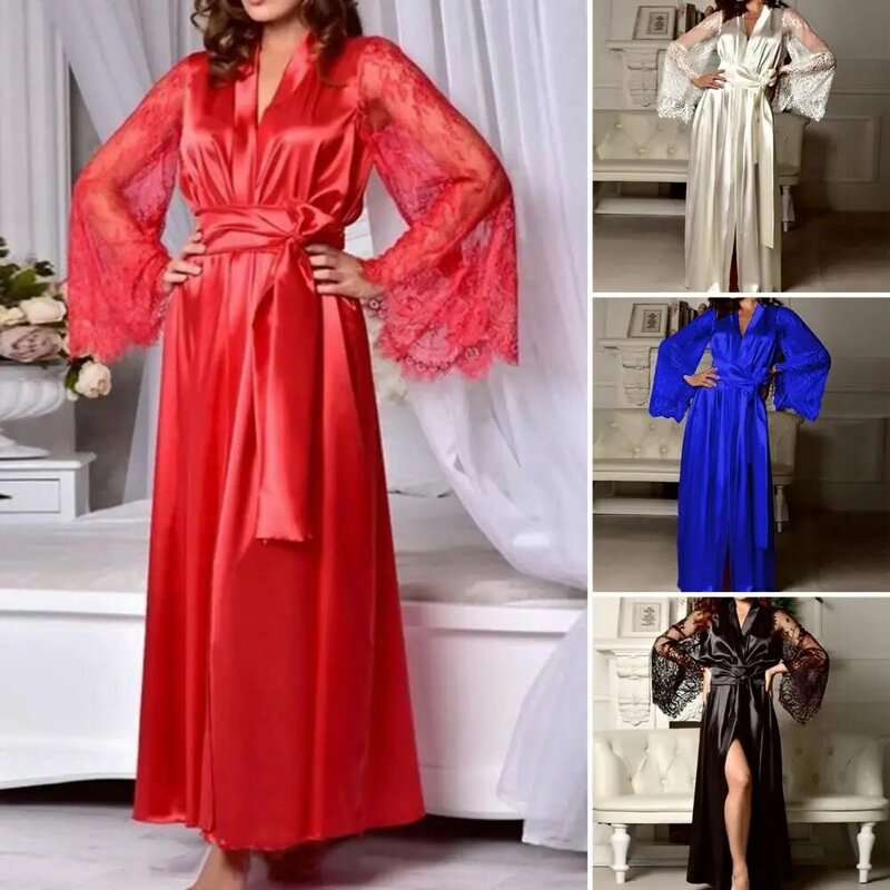 Sexy Nightdress for Women Thin Silk Pajamas Lace Trumpet Long Sleeve See Through Long Bride Robe Woman Sleepwear Robes