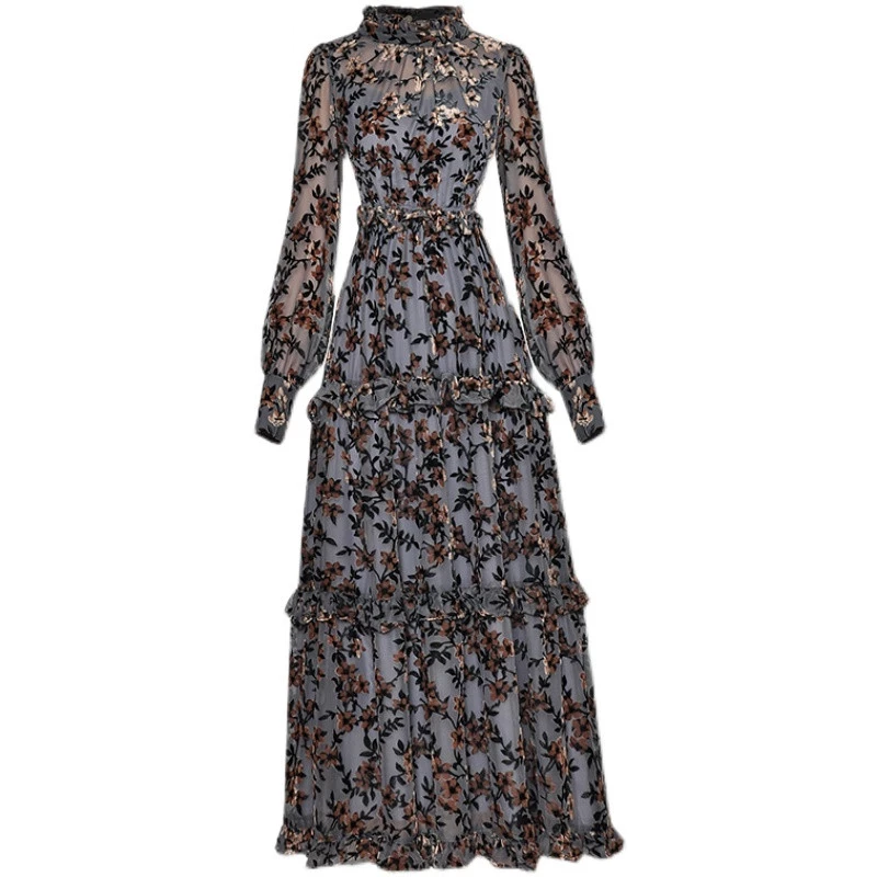 Gorący nowy z wybiegu jesienny sukienki siateczkowe damski stójka z rękawem latarni z nadrukiem w stylu Vintage długa sukienka na przyjęcie