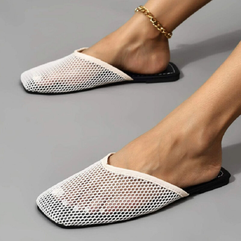 Malha chinelos mulher sapatos de verão plana casual confortável dedo do pé quadrado deslizamento em sapatos de praia ao ar livre mais tamanho 43