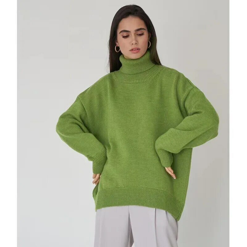 Damski sweter z golfem jednolity sweter jesienno-zimowy gruby ciepły sweter Top Oversized Casual luźny, dzianinowy sweter żeński Pull