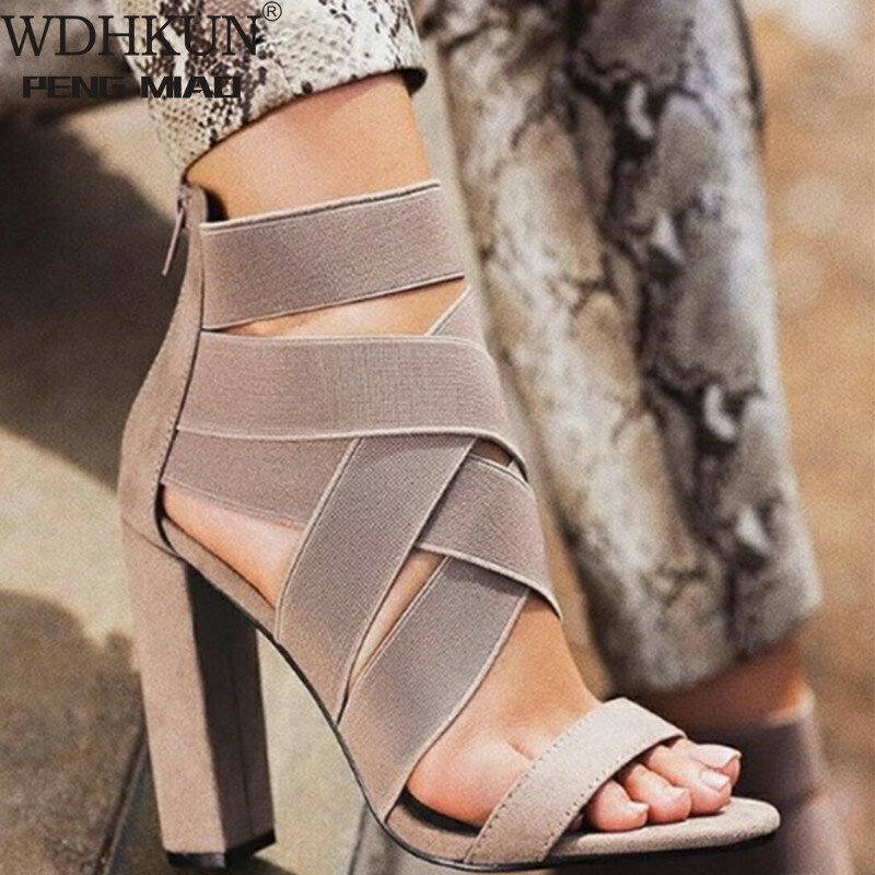 WDHKUN 2020 w nowym stylu moda damska lato Sexy szpilki obuwie damskie z wystającym palcem grube damskie buty na wysokim obcasie sandał