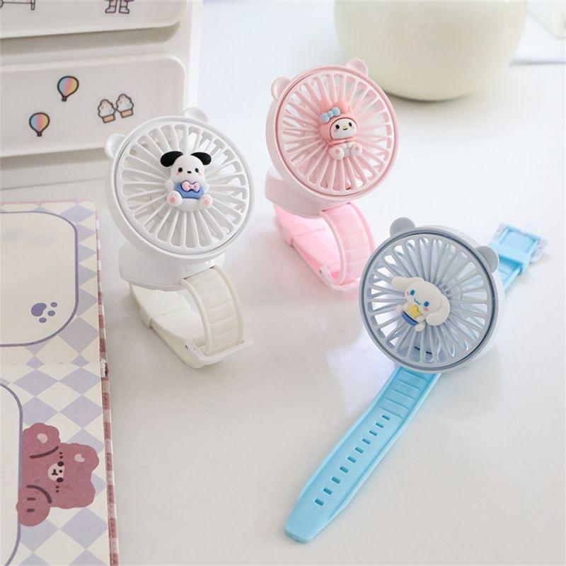 Kawaii Handheld Mini Relógio Ventilador para Crianças, Portátil, Recarregável, Pulseira, Bonito, Desenhos Animados, Mudo, Legal, Eletrodoméstico, Presente