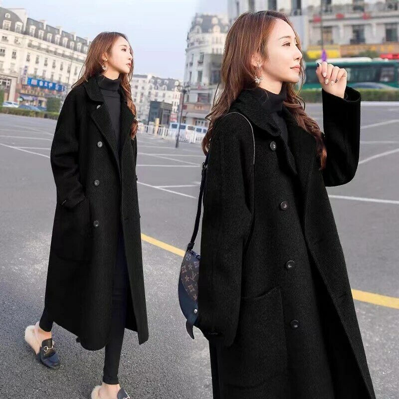 2022 damski średniej długości płaszcz zimowy moda ciepły wysokiej jakości wełniany płaszcz damski elegancki dwurzędowe guziki długi płaszcz wełniany