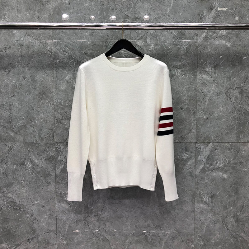 TB THOM Men‘s Sweater Autumn Winter Fashion Brand Classic Wool Red  Navy 4-Bar Designer Milano Stitch Crewneck Pullover Coats