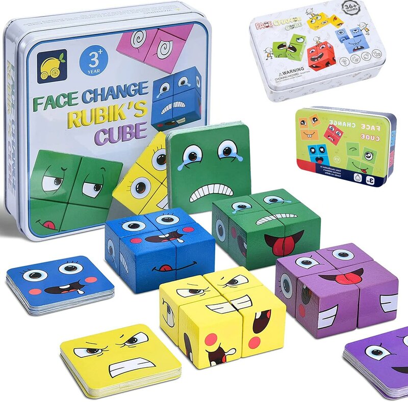 Juego de mesa de cubo Montessori para niños, bloques de construcción, rompecabezas de expresión de cambio de cara, juguete educativo de madera para niños